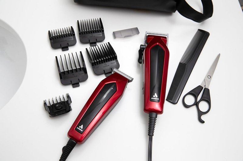 Andis Ultra Clip Corded Clipper & Trimmer Combo Kit - 15-Piece Set, Stainless Steel Blades, Whisper Quiet, Red