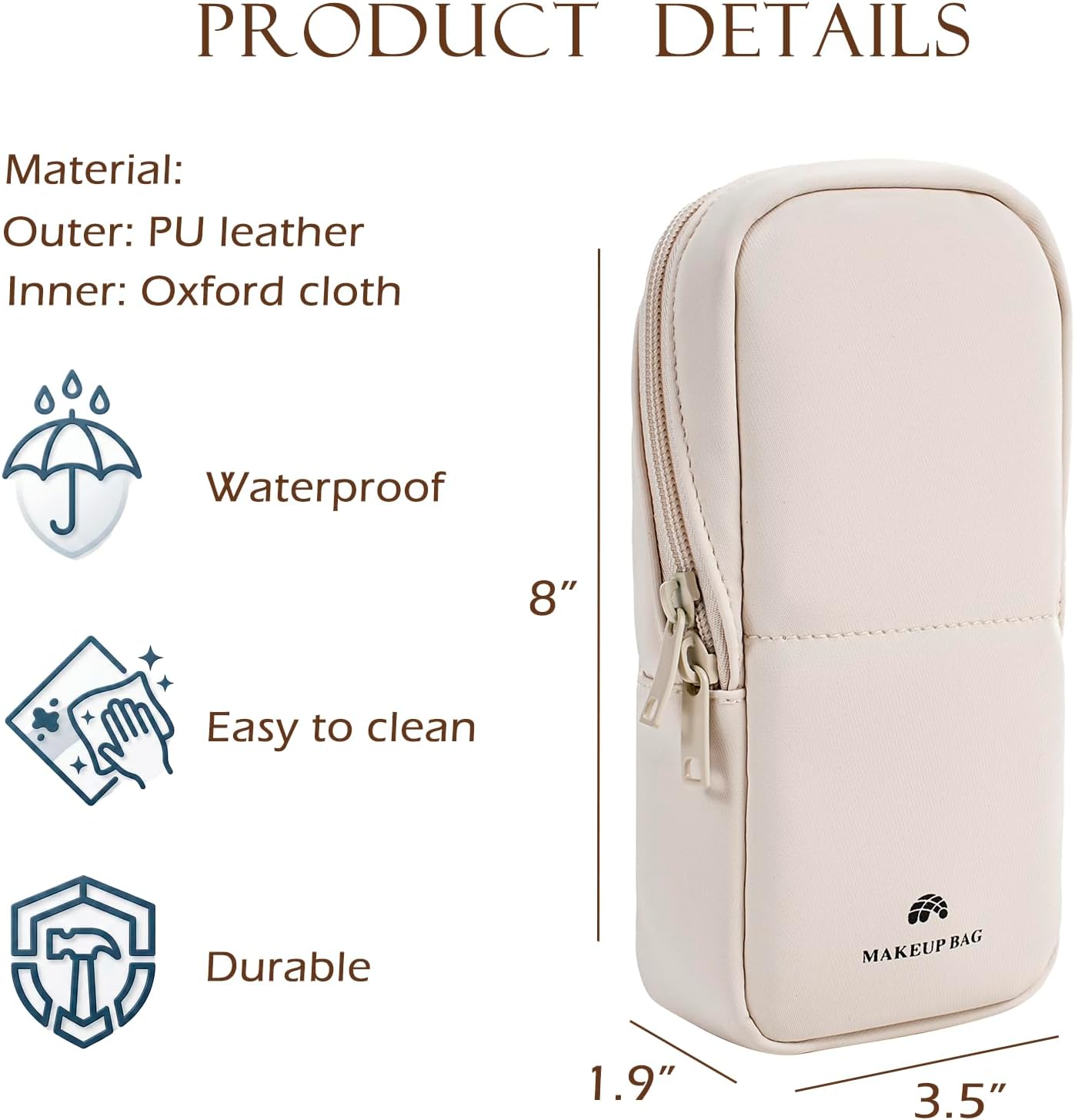Travel Makeup Bag - Waterproof PU Leather Cosmetic Organizer with Compartments | Small Beige Brush Holder