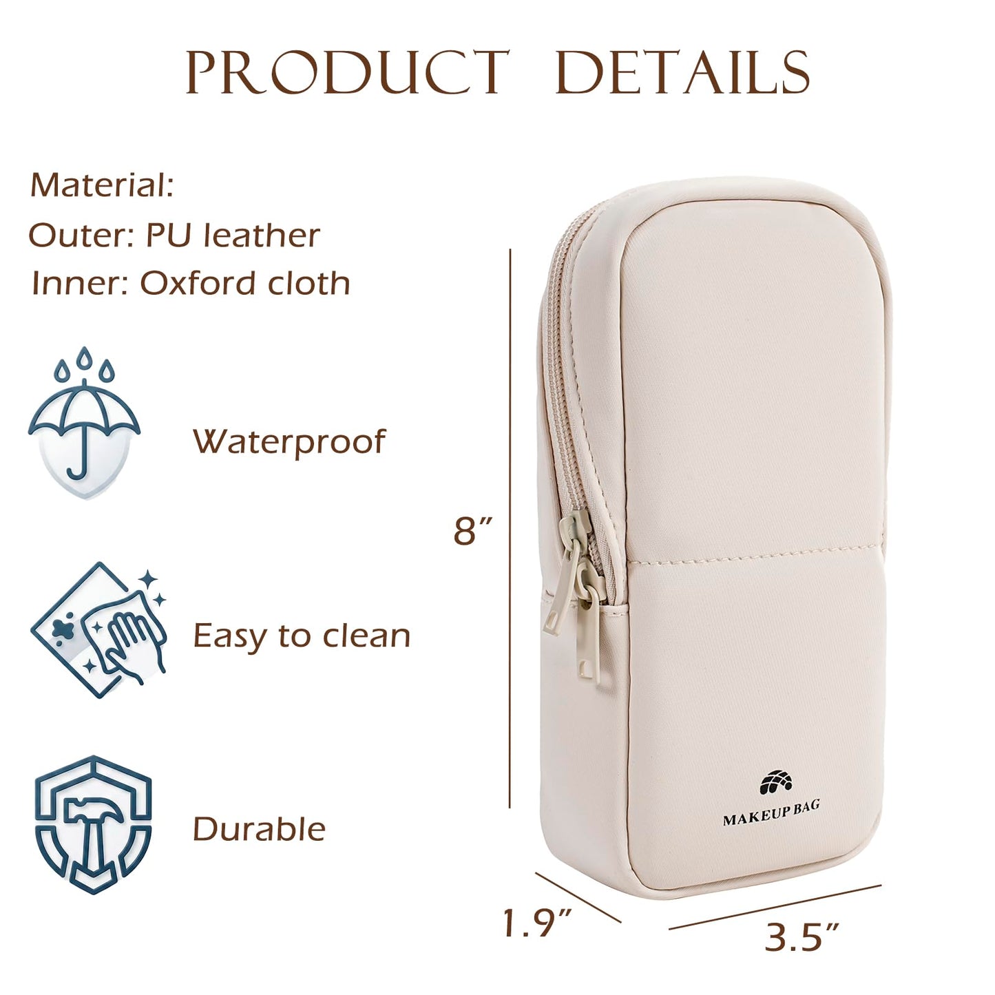 Lestikave Standing Travel Makeup Bag,Brush Holder, Small Waterproof PU LeatherMakeup Bag,Cosmetic Bag with Compartments,Portable Brush Storage Dustproof Bag Case(01Beige)