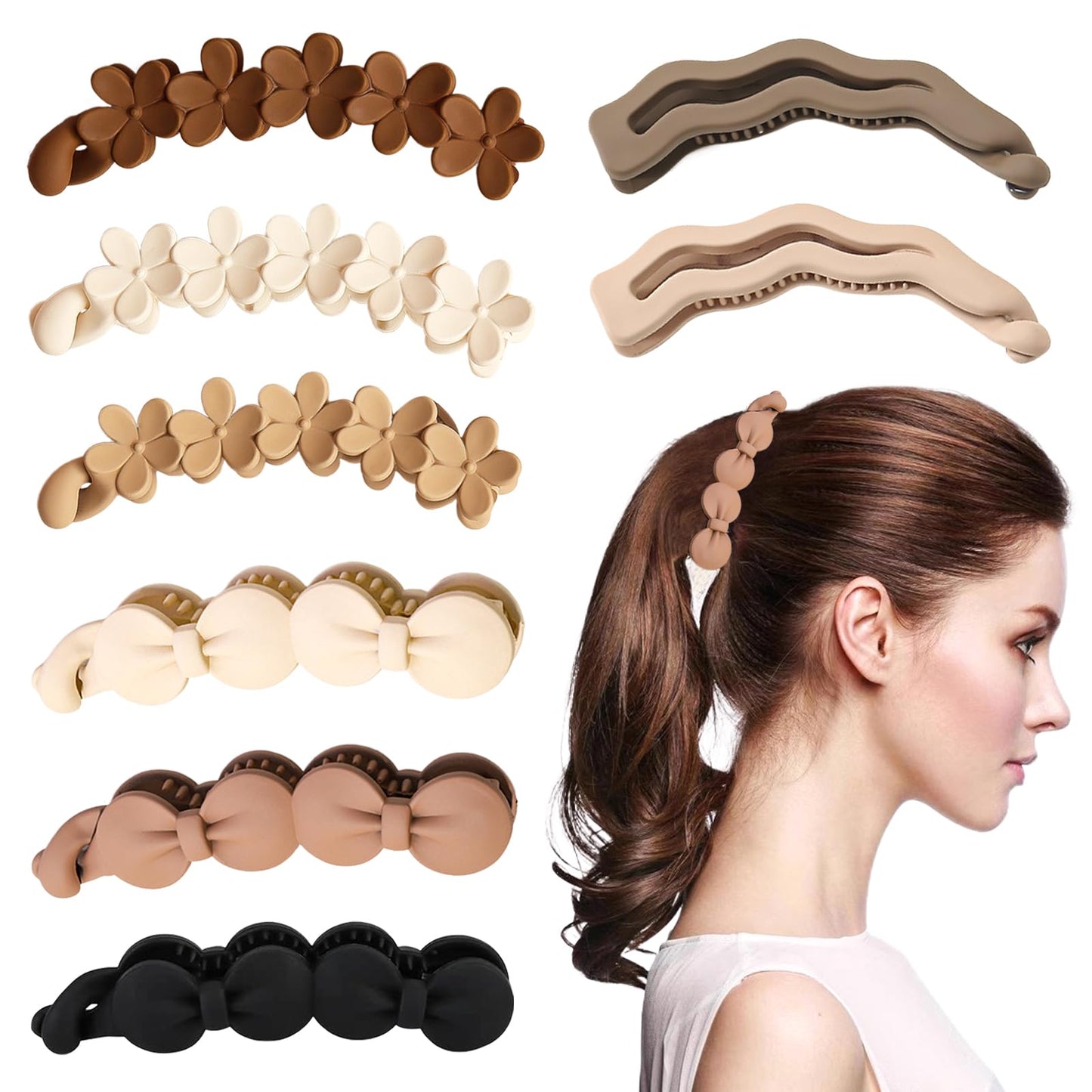 8 Pcs Bow Banana Clips Flower Banana Hair Clip Wavy Shape Large Claw Clips Matte Strong Hold Ponytail Holder Barrettes Styling Accessories for Women Girls Thick Thin Hair