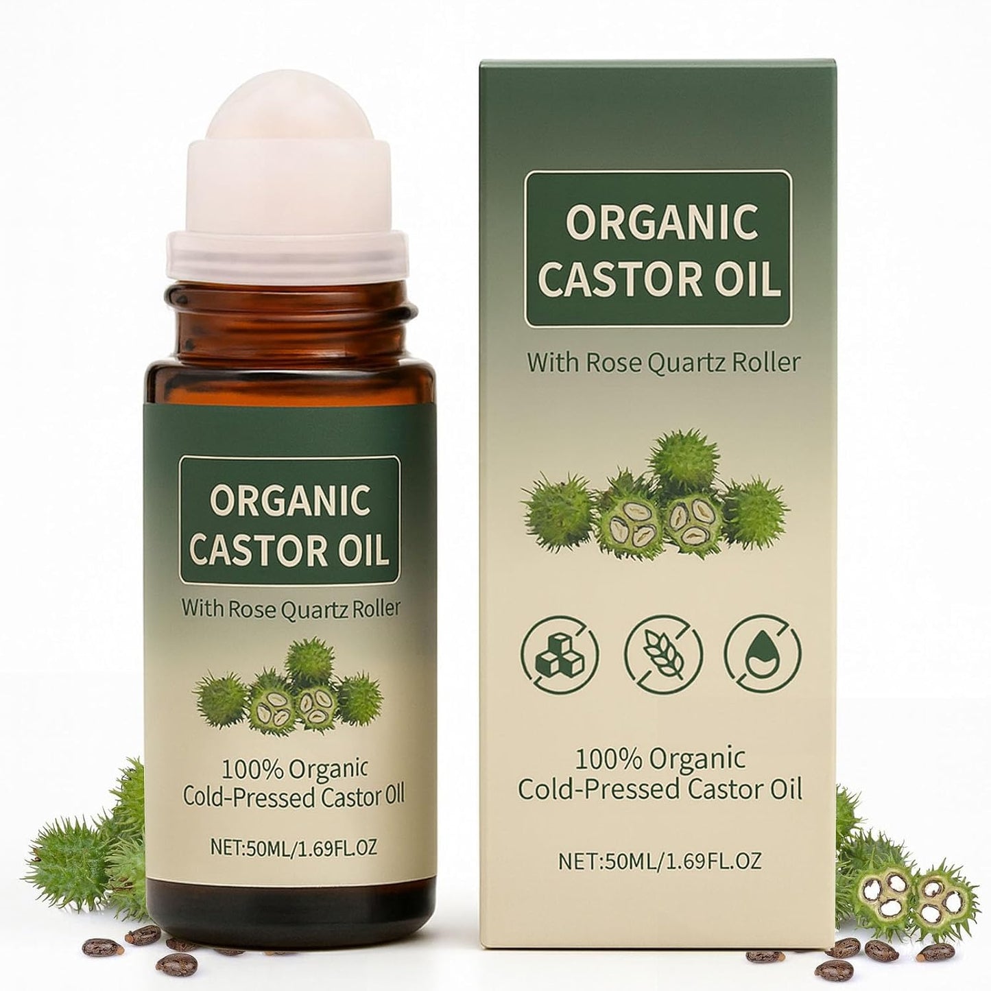 Organic Castor Oil Roll-On - 100% Cold-Pressed with Rose Quartz for Skin, Brows & Lashes | 1.7oz Glass Bottle
