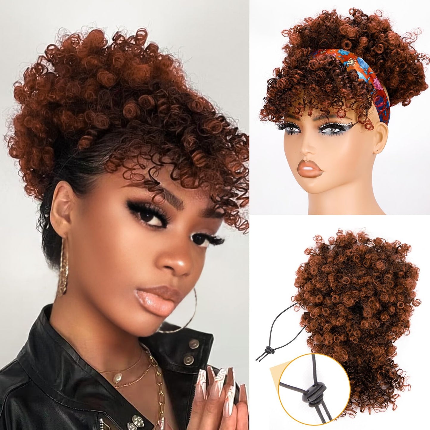 Drawstring Ponytail for Black Women - Afro Puff Kinky Curly Hair Extension with Bangs | Grey Updo