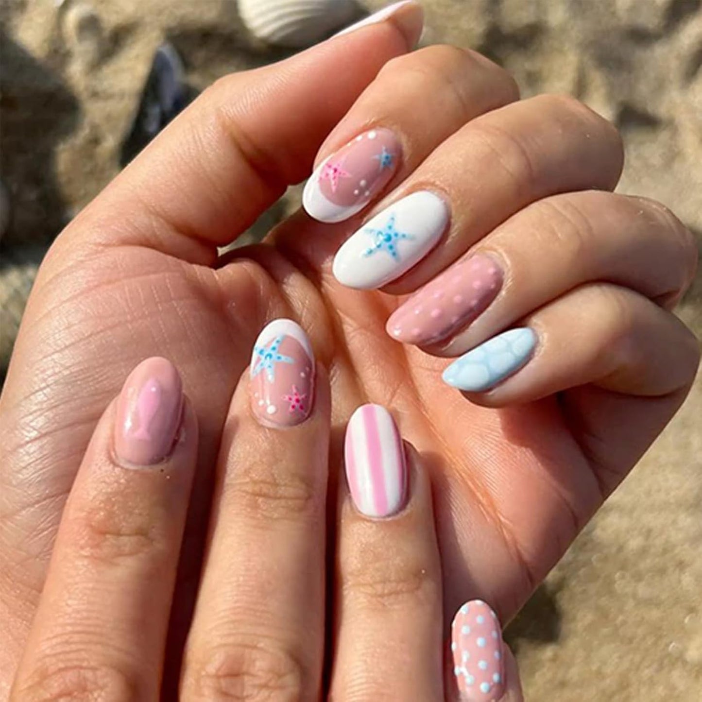 Gradient Blue Press-On Nails - Medium Square 3D Shell Starfish Design | 24Pcs Glossy Acrylic for Beach Vacation