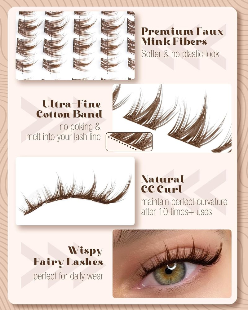 Cat Eye Lash Clusters - Brown Spiky Individual Eyelash Extensions | 96 Pcs Fluffy DIY Fox Eye Lashes