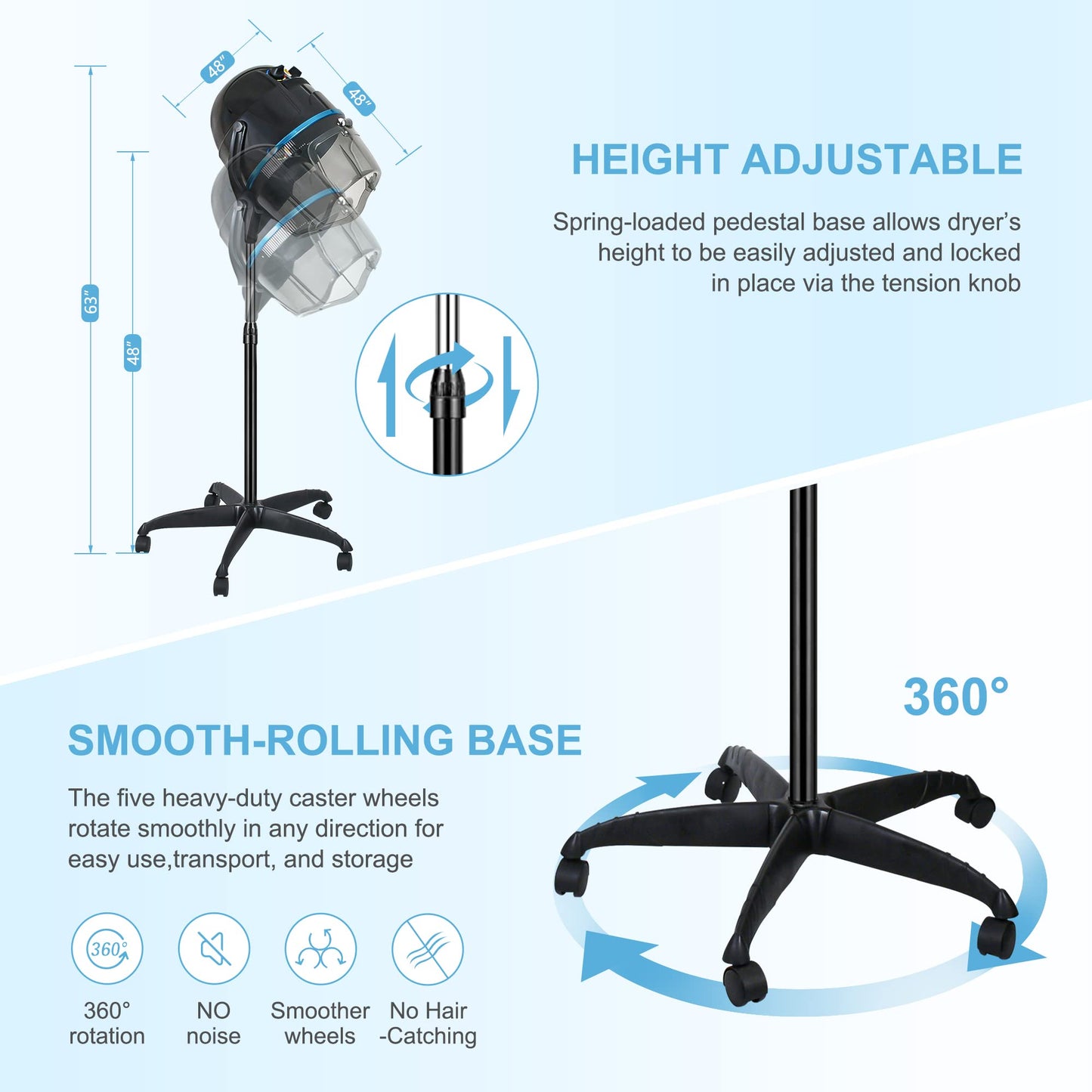 Nova Microdermabrasion Professional Hooded Floor Hair Dryer Adjustable Bonnet Hair Dryer Stand Up with Timer and Rolling Wheels for Beauty Spa Home Salon Equipment (Black)