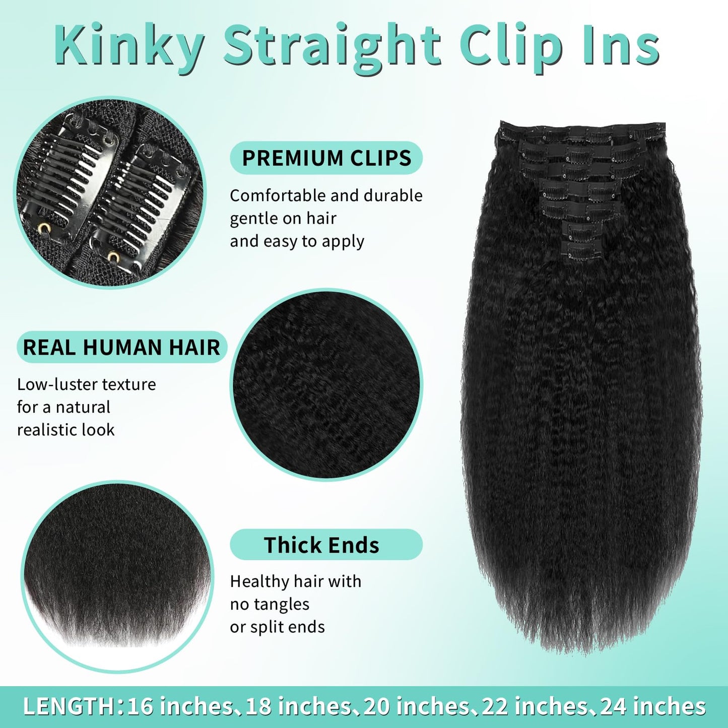 EclatWigs Human Hair Clip in Extensions, 7 Pcs Kinky Straight Hair 120g, 18 Inch Natural Black, Clip in Hair Extensions, Brazilian Remy Hair Extensions for Women