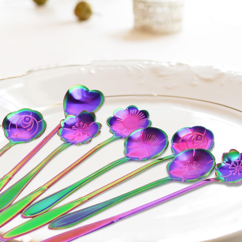 SelfTek 8Pcs Rainbow Flower Spoon Set, 2 Different Size Colorful Stainless Steel Reusable Coffee Sugar Stirring Dessert Cake Tea Scoops Table Mixing Ice Tea Spo-on