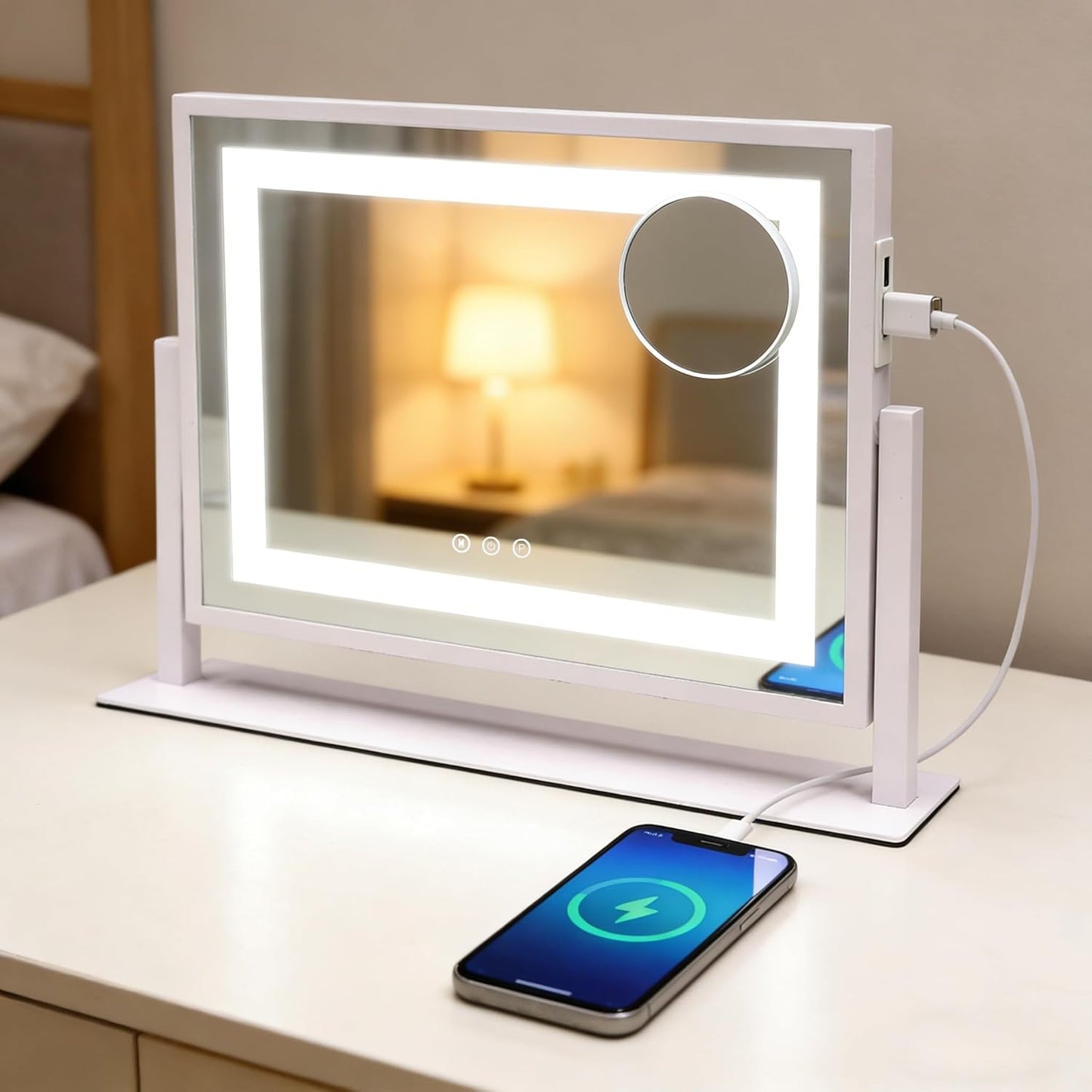 Lighted Makeup Mirror with Touch Control - 3 Color Modes, 10X Magnification & Dimmable LED | 24x19 Inch Desktop Mirror