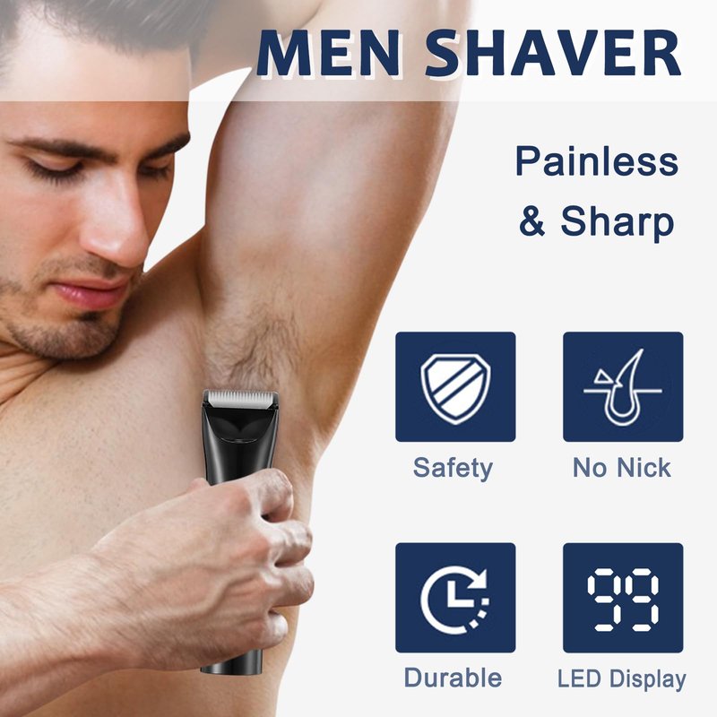 LAIKME Body Hair Trimmer for Men - Electric Male Hygiene Grooming Shaver - Hair Razor Nose Trimmer Clippers - 3 in 1 Groin Groomer IPX5 Waterproof LED Display Remover for Chest Back Armpit
