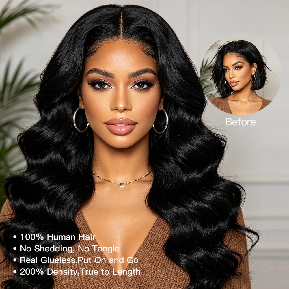 V Part Wig Human Hair Body Wave - 200% Density Glueless Clip-In Half Wig for Women | Natural Black 18 Inch