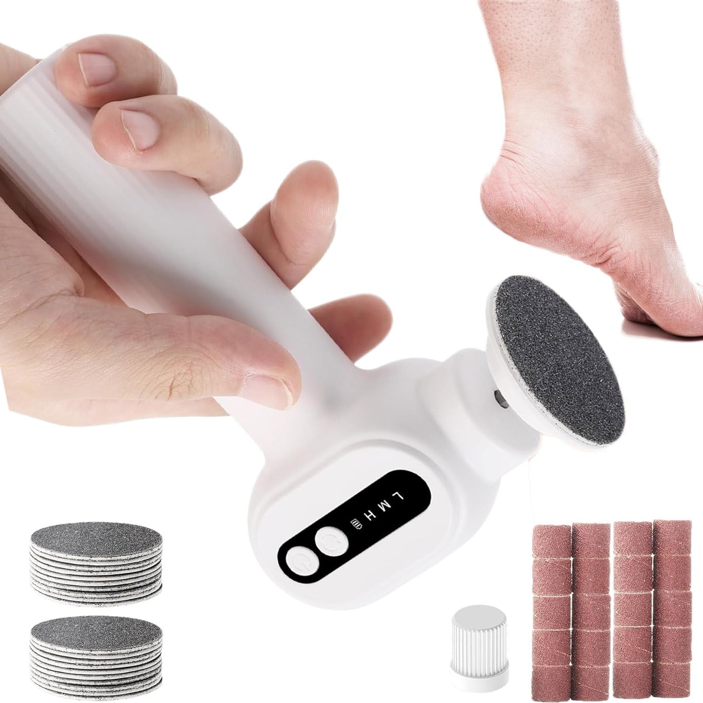 Electric Callus Remover for Feet - Rechargeable Cordless Pedicure Tool with 6 Speeds & 20 Sandpaper Discs, Professional Dead Skin Remover for Cracked Heels,Electric Foot File(White)