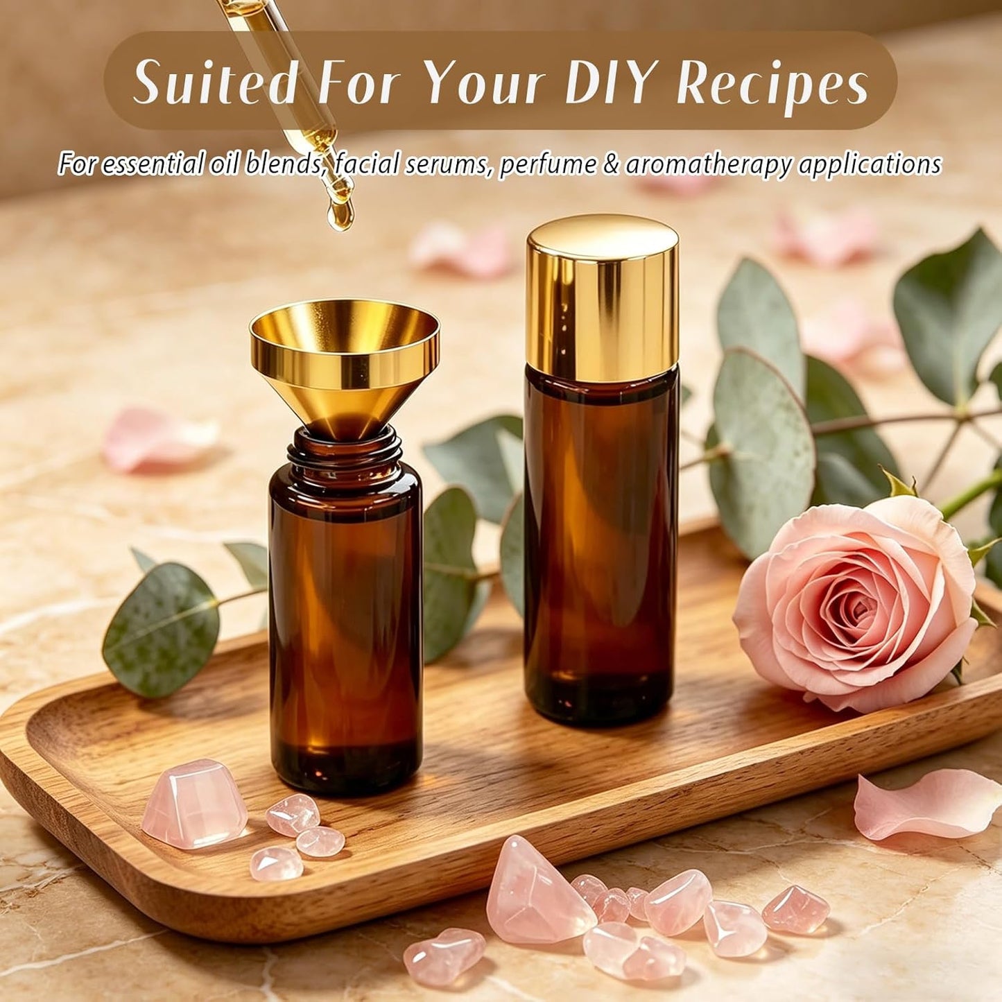 Rose Quartz Roller Bottle - 1oz Refillable Amber Glass for Essential Oils & Skincare | Leak-Proof with Gold Cap & Storage Bag