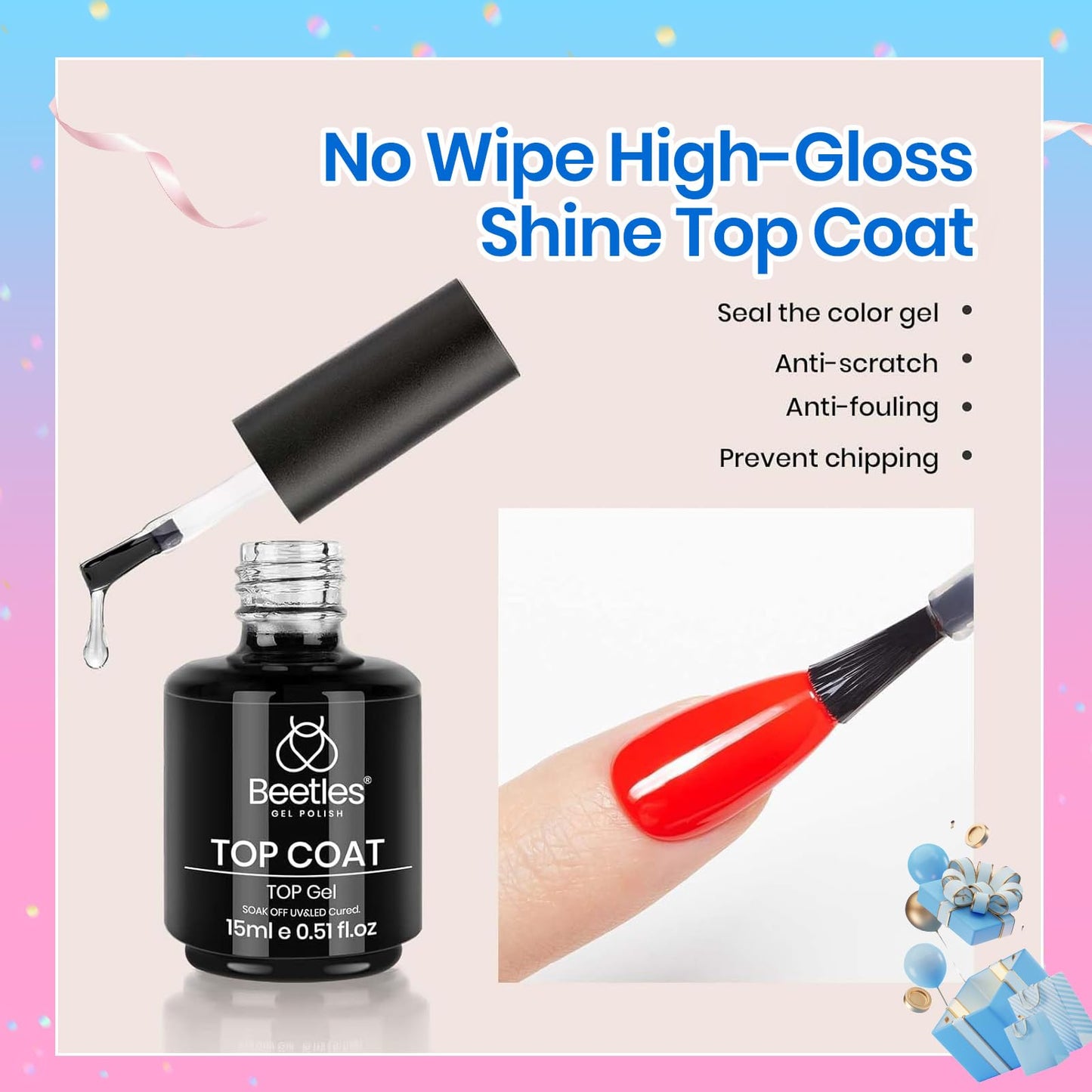 beetles Gel Polish No Wipe Gel Top Coat - Clear Top Coat Gel Nail Polish Shine Finish and Long Lasting, Soak Off Nail Lamp, 15ml Summer Nails Gifts for Women