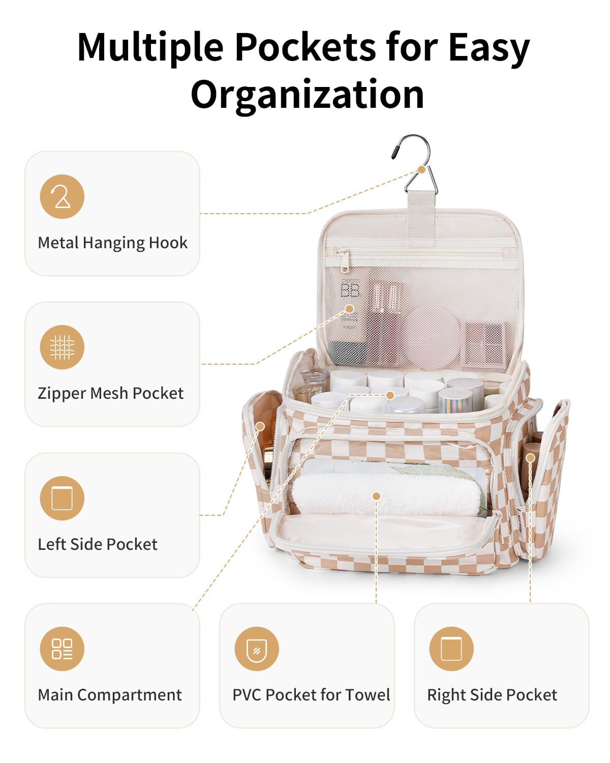 Narwey Hanging Travel Toiletry Bag for Women, Large Makeup Bag, Wide Open Cosmetic Bag, Multiple Organized Pocket, Wet Pocket for Towel, Portable Bathroom Travel Bag for Toiletries, Essentials
