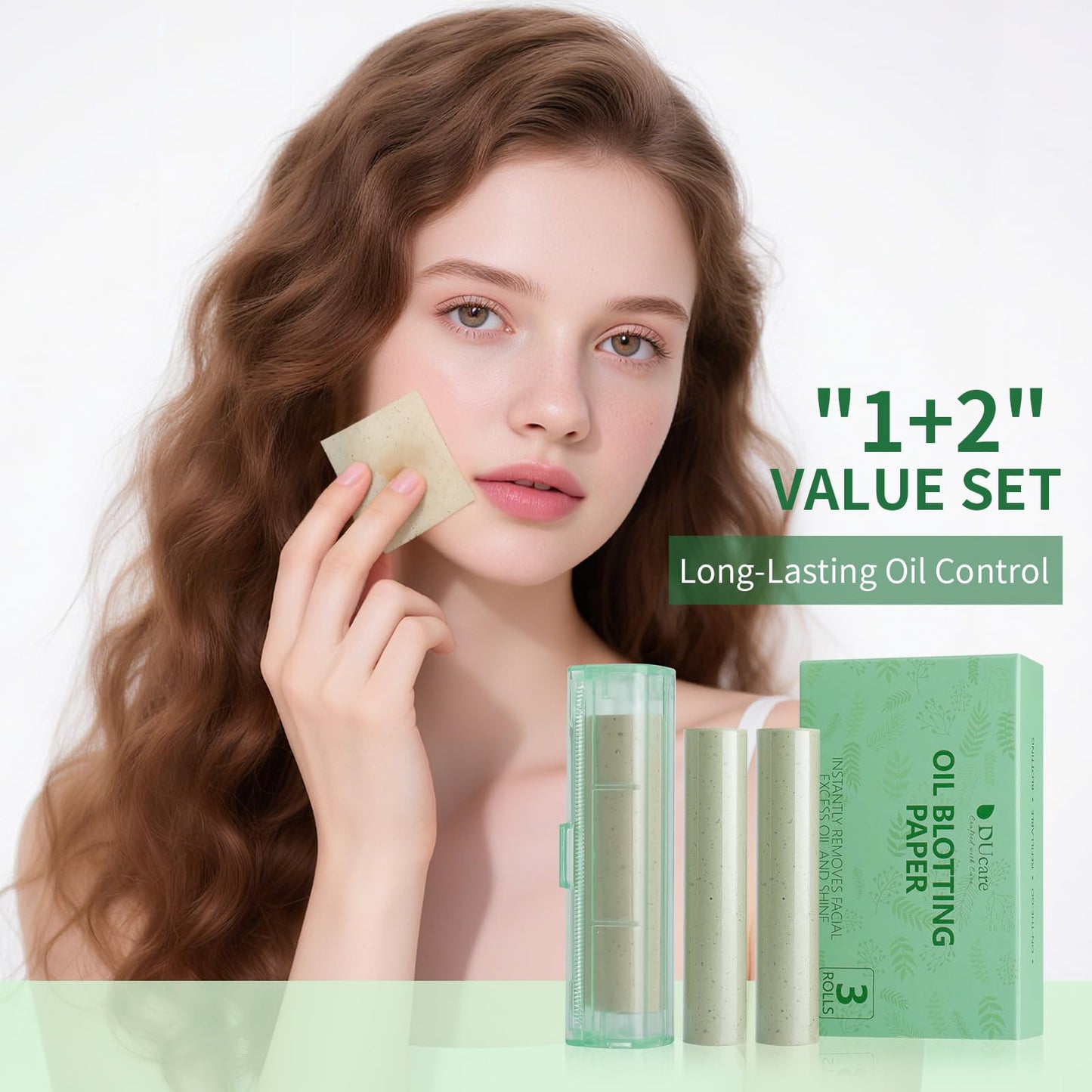 DUcare Oil Blotting Sheets 15M, 3 Roll Green Tea Refillable Oil Absorbing Paper for Oily Skin, On-the-Go Face Blotting Papers for Shine Control, Natural Skin-Friendly Blotting Sheets