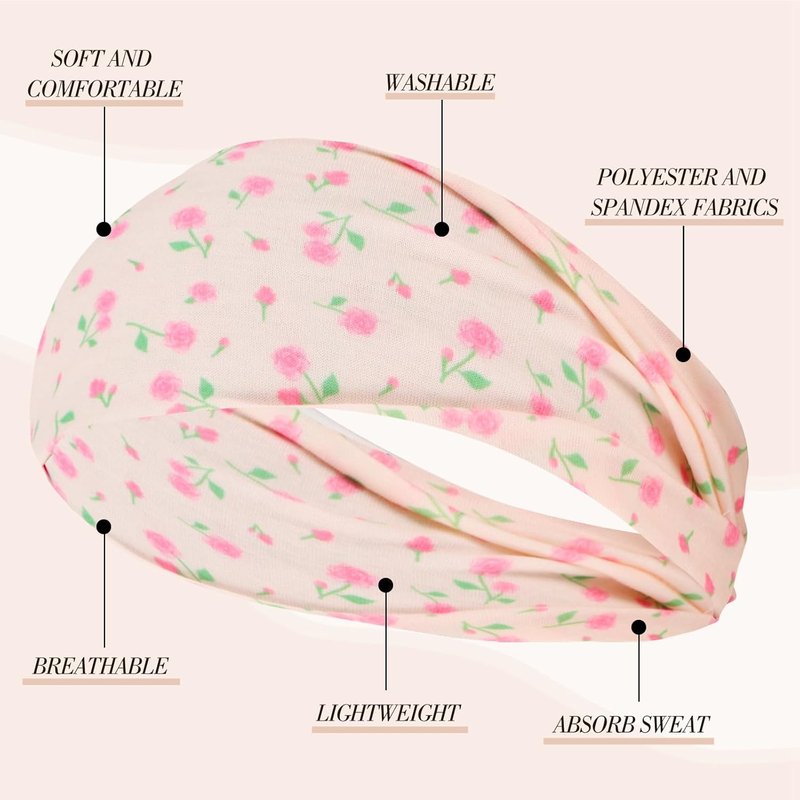 8 Pack Pink Floral Stripe Headbands for Girls - Non-Slip Summer Accessories