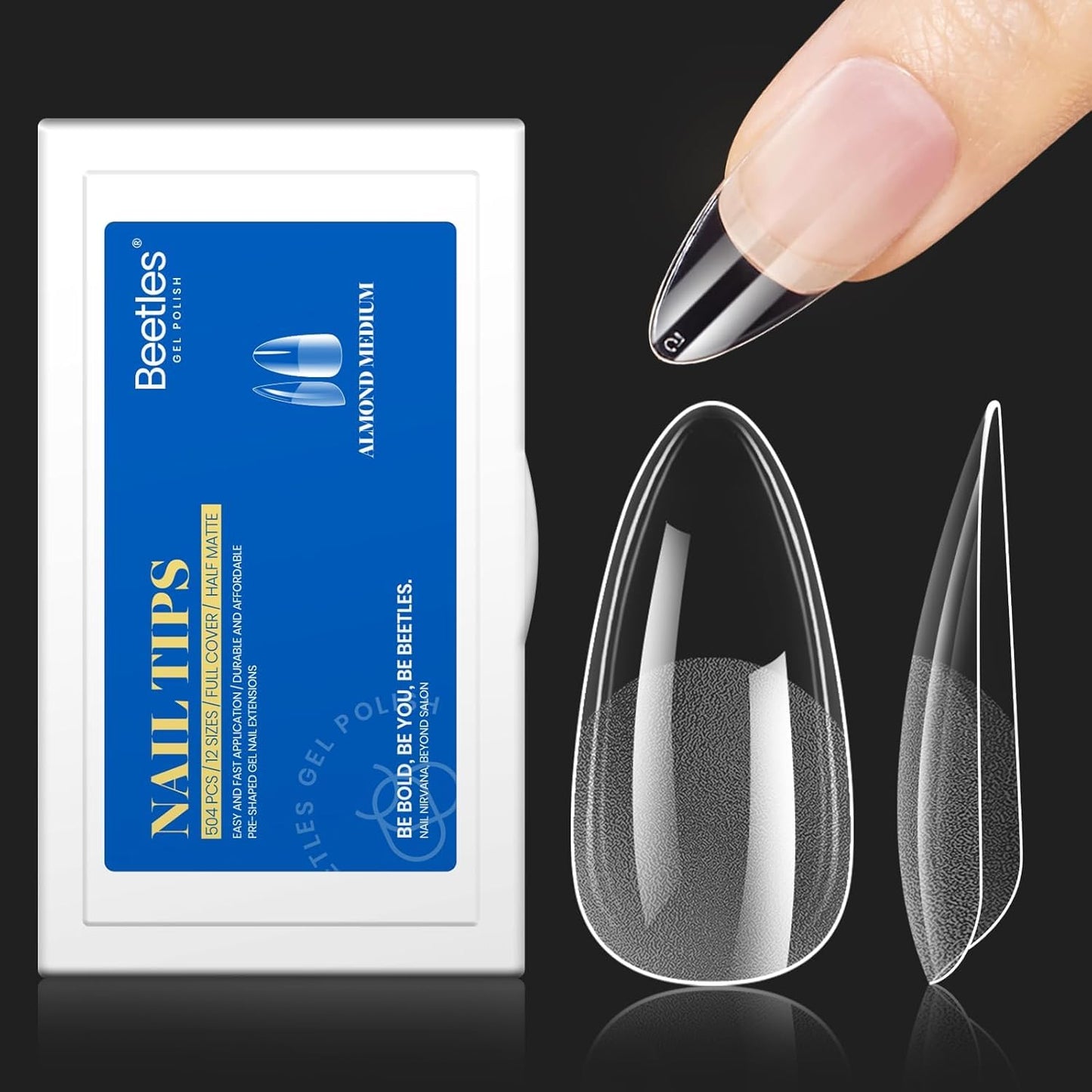 Beetles Gel Nail Tips - Easy Nail Extensions with 12 Sizes | Short Almond Half Matte Full Cover 504Pcs