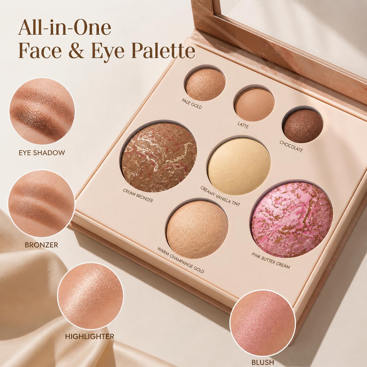 Baked Face & Eye Makeup Palette - Bronzer, Blush, 2 Highlighters & 3 Eyeshadows | Smooth Blendable Powder, Neutral Shades, Travel Compact Gift Set for Women