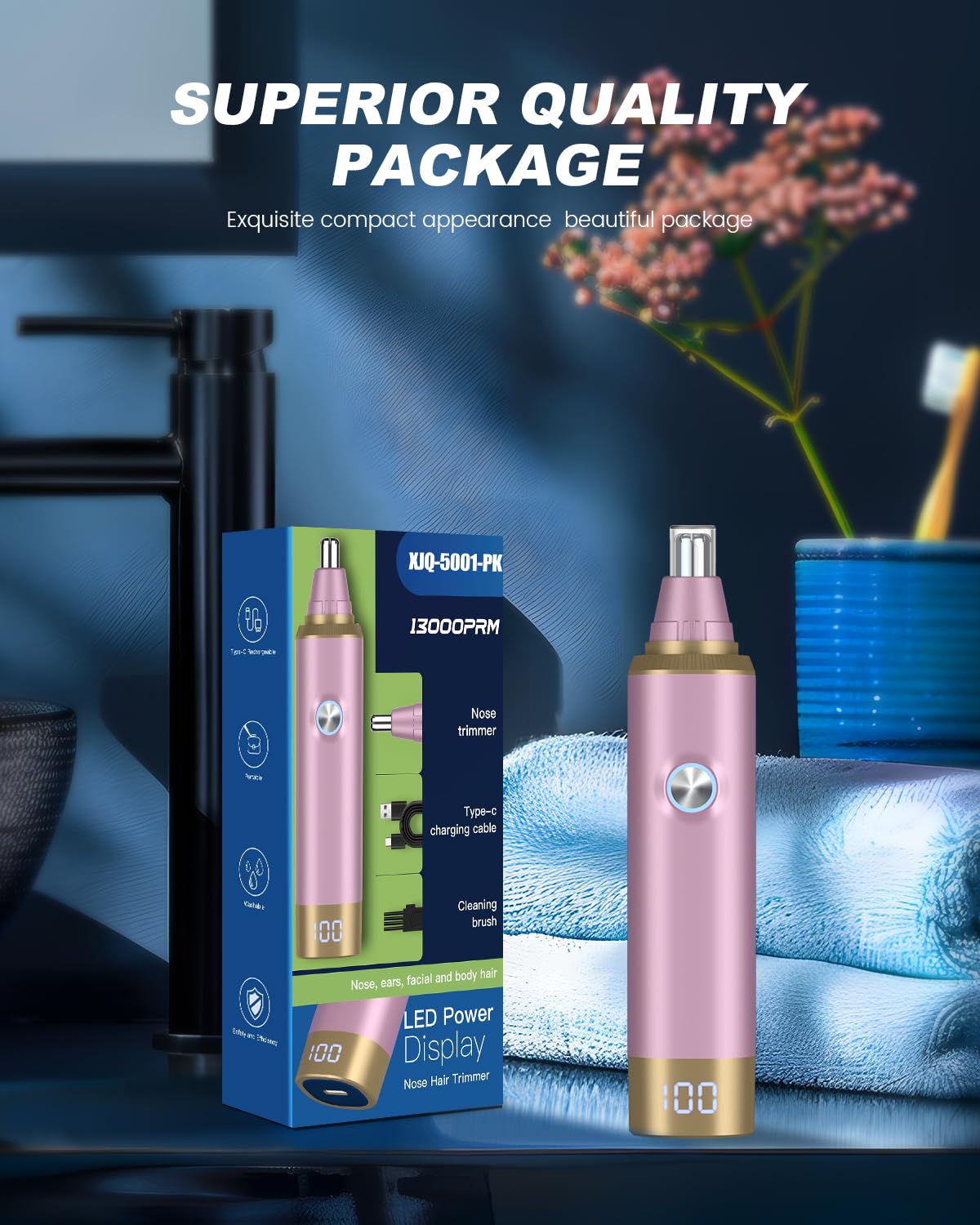 Ear and Nose Hair Trimmer for Men and Women, Painless USB Rechargeable Electric Facial & Eyebrow Hair Remover with LED Display, Dual-Edge Blades for Smooth,13000 RPM Motor IPX7 Waterproof (Pink)