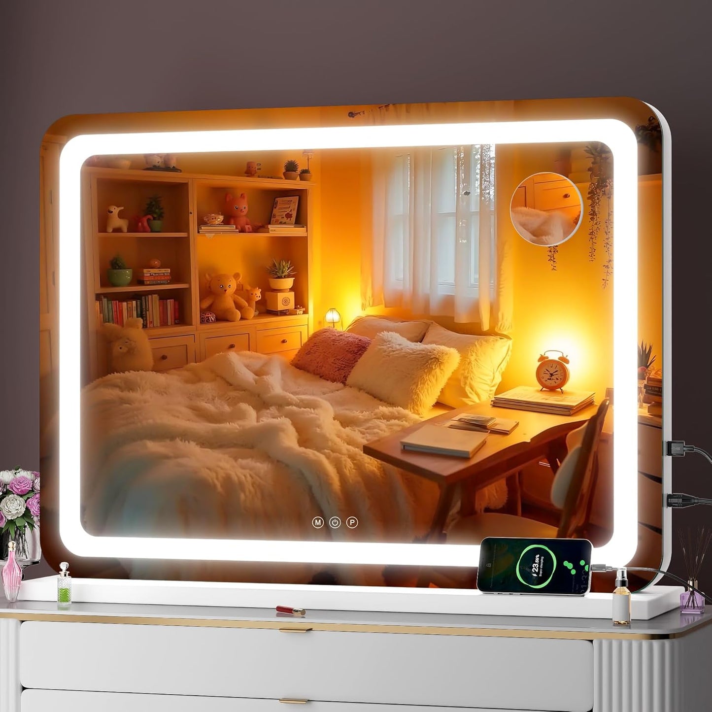 LED Makeup Vanity Mirror with Lights - 32" x 22" | 10X Magnification, Dimmable, Smart Touch, USB Charging