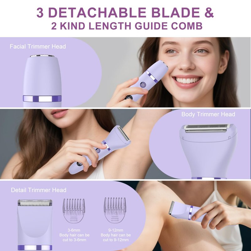 Zivelier 3-in-1 Electric Razor IPX7 Waterproof Bikini Trimmer Wet & Dry Use Painless Personal Trimmer Groomer for Ladies Face Body Legs Bikini Public Hairs Electric Lady Shaver with Replaceable Heads