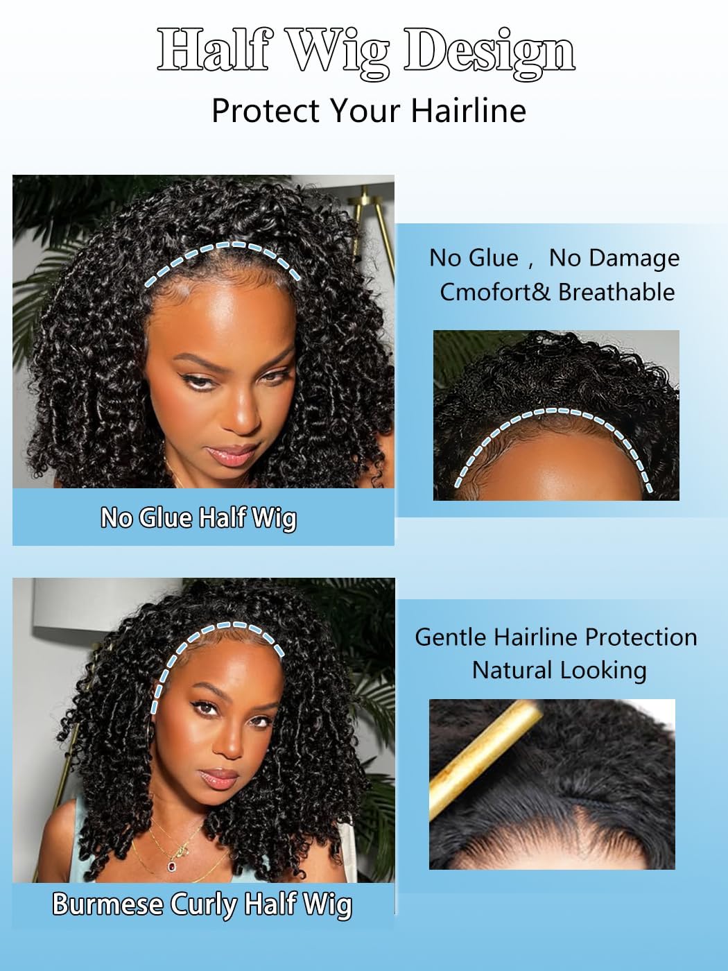Burmese Curly Half Wig - 28 Inch Human Hair Wig for Black Women | Glueless, Natural Black, Beginner Friendly
