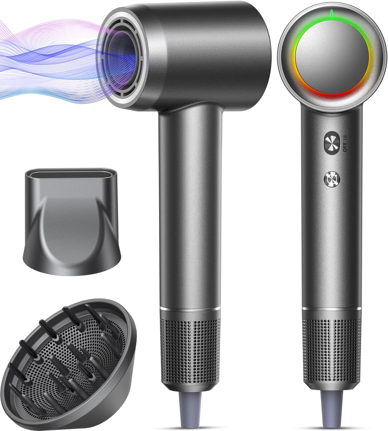 Fast Drying Hair Dryer - High-Speed Blow Dryer with 500 Million Negative Ions | Lightweight, Low Noise, Professional with Diffuser & Nozzle, Gunmetal