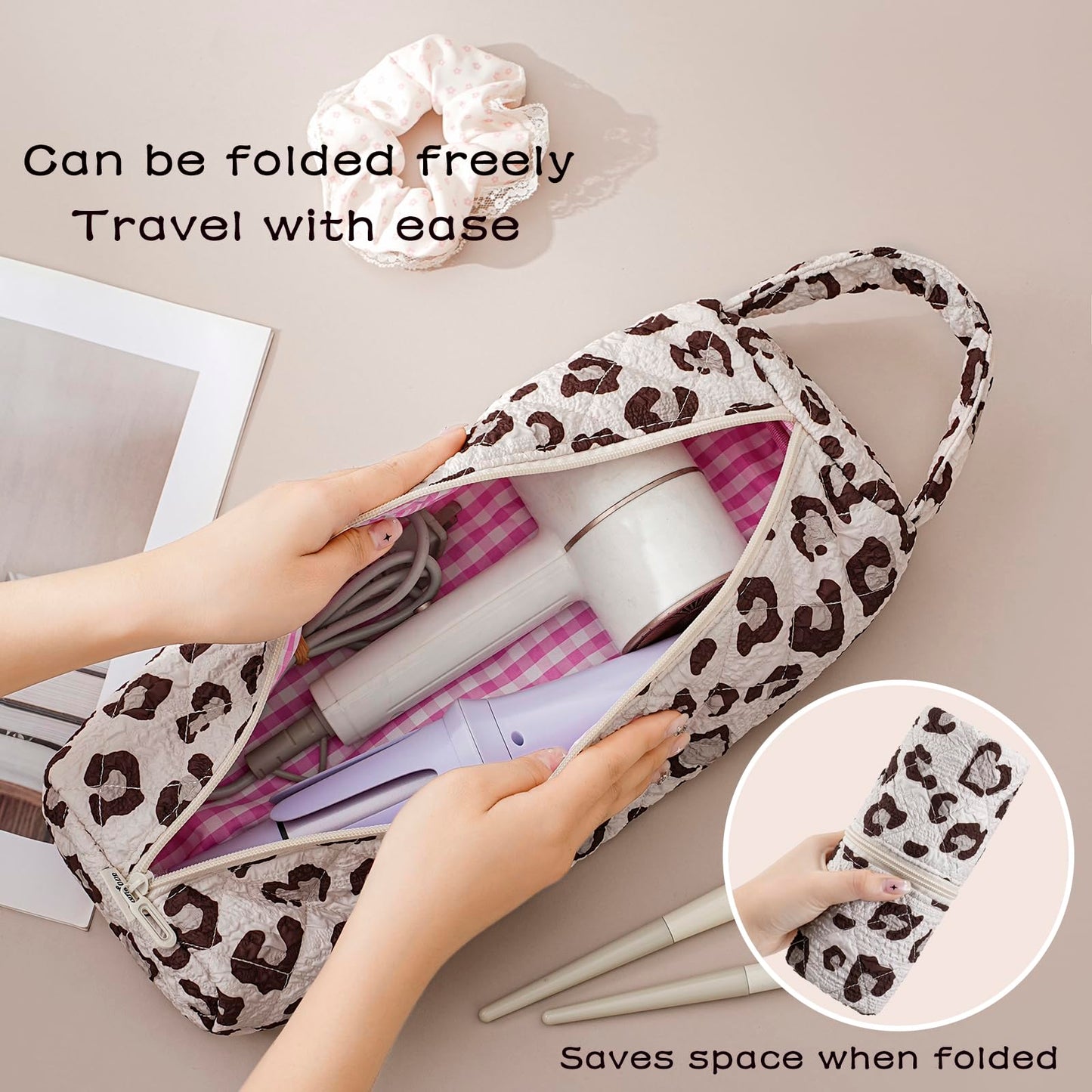 RSRSLEII Quilted Hair Tools Travel Bag，Hair Styling Accessories Storage Case for Shark FlexStyle, Dyson Airwrap Hair Dryer, Curling Iron, Revlon Hair Tools，Portable and foldable(02Leopard print)
