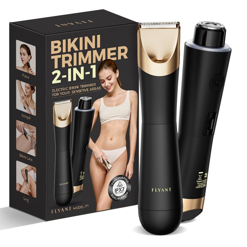 Bikini Trimmer for Women, Flyant 2 in 1 Electric Shaver for Women, Pubic Hair Trimmer Waterproof IPX7 with LED, Bikini Razor for Leg Arm Underarm Bikini Area - Black Gold