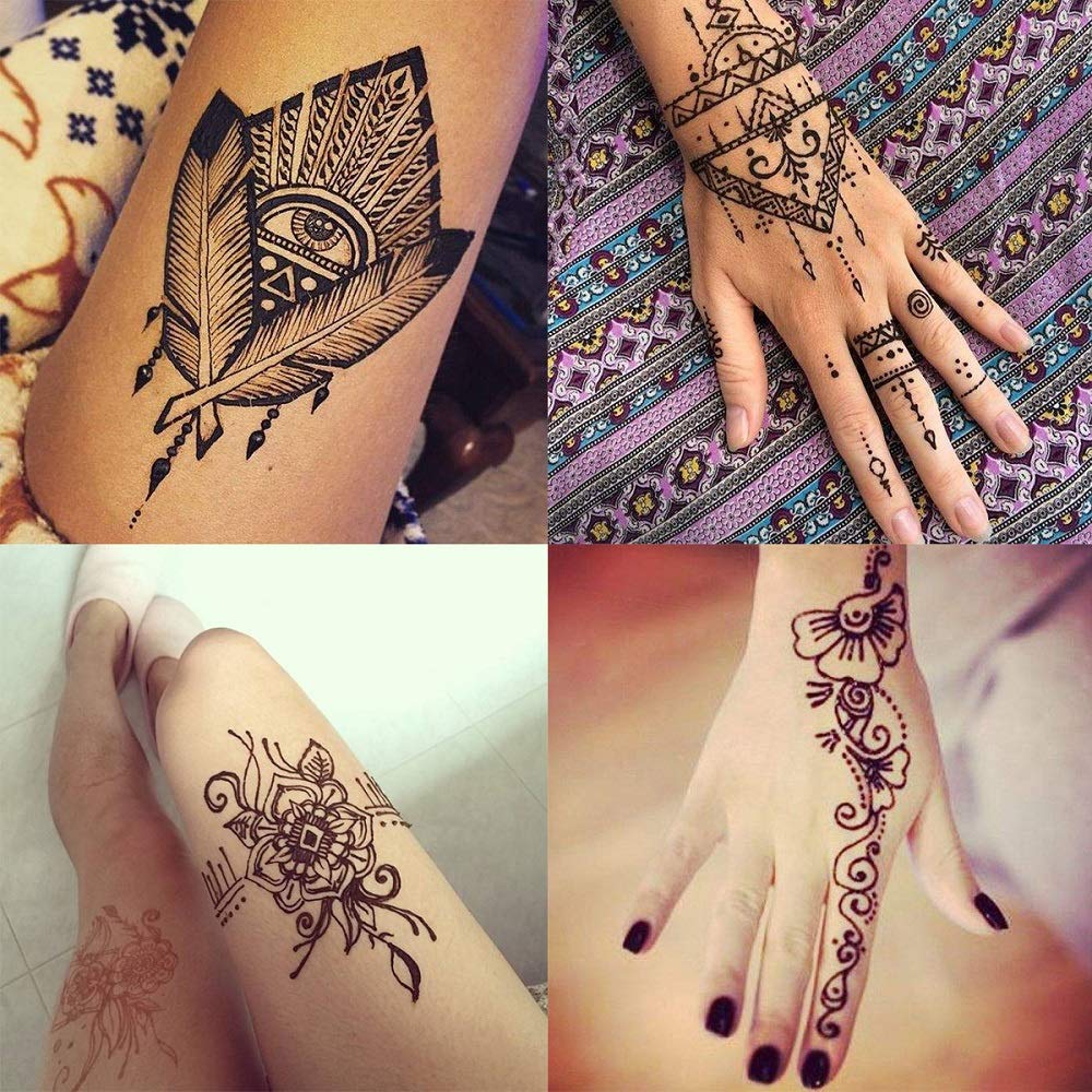 Temporary Tattoos Kit, 6Pcs Semi Permanent Tattoo Paste Cones, India Body DIY Art Painting for Women Men teens, Summer Trend hand Plaste with 3 Colors(1Pc Bottle,4Pcs Nozzles)20Pcs Adhesive Stencil