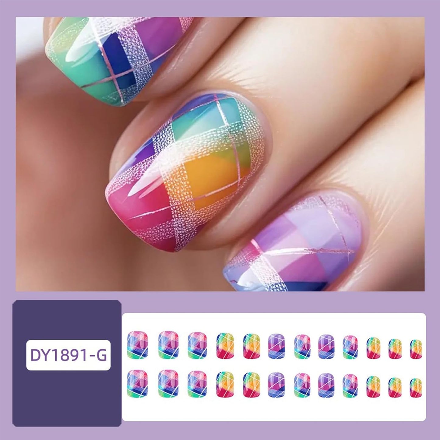 Rainbow Checkered Press-On Nails - Short Square Gradient Fake Nails | 24 Pcs Glossy Reusable Nail Art for Women