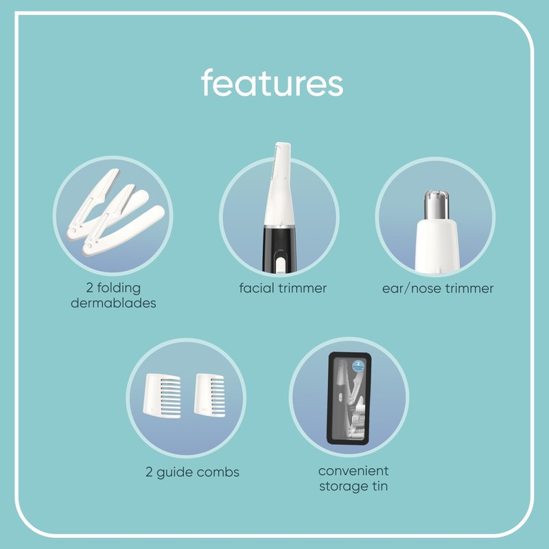 Conair GIRLBOMB All-in-1 Facial Hair Trimmer for Women - 9 Piece Kit with 2 Dermablades - Perfect for Face, Ear/Nose and Eyebrows - Battery-Powered
