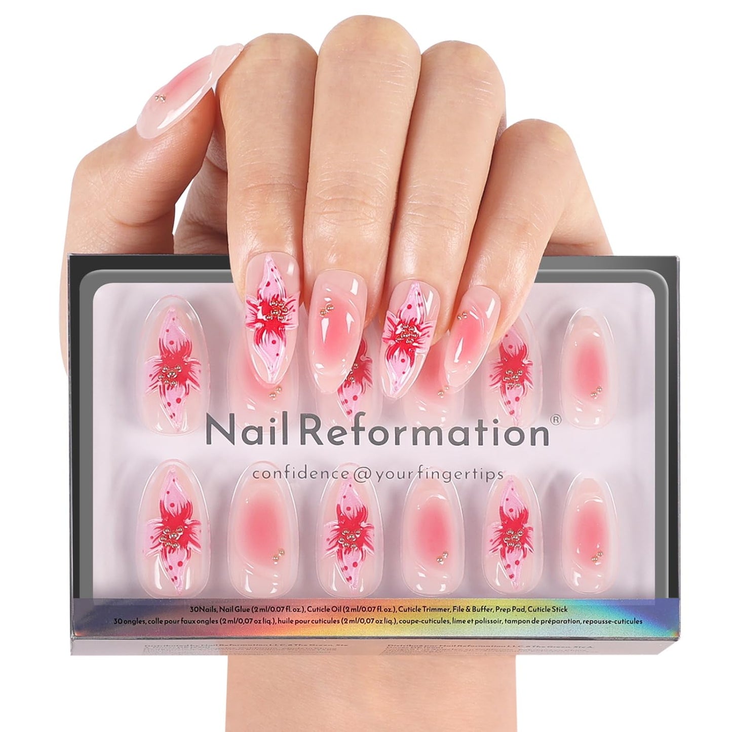 Press On Nails - Tropic Tide Sunset Orange to Deep Purple | Medium Almond Shape with 3D Floral Accents - Reusable 30-Piece Set in 15 Sizes