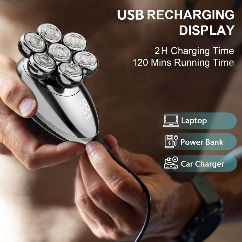 Head Shaver for Bald Men, 7D Electric Rechargeable Wet/Dry Shaving Razor with LED Display, 5-in-1 Grooming Kit Waterproof Bald Head Trimmer, Ideal Gift for Men (Silver)