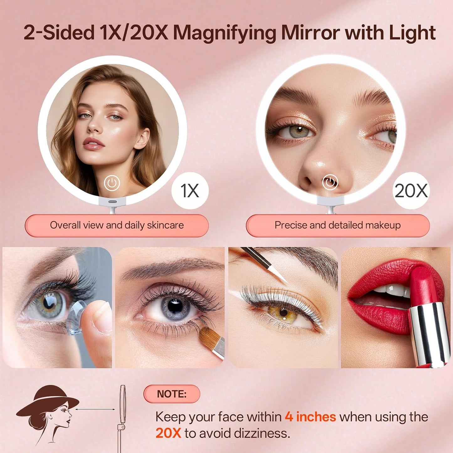 Travel Makeup Mirror with Lights - Double-Sided Magnifying Design, 3 Color Dimming, 360° Adjustable | Foldable & Portable, 1500mAh Battery