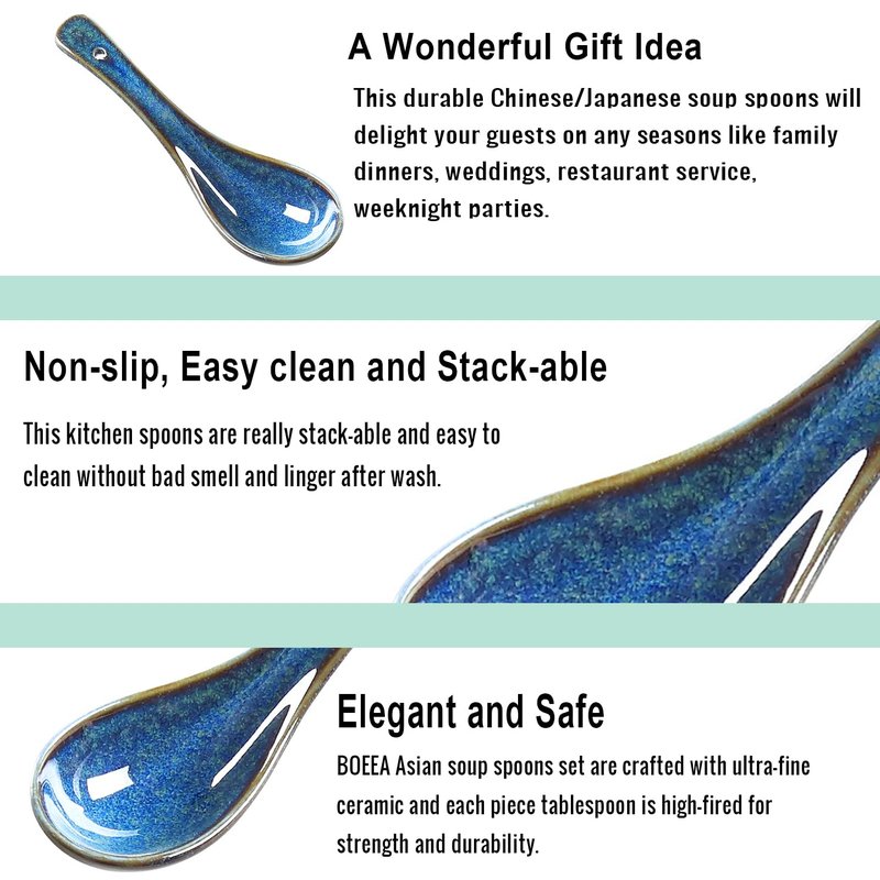 Pinkind 4 Pieces Soup Spoon Set, Asian Soup Spoon, Long Handle Ceramic Soup Spoons, Retro Blue Ramen Bowl Soup Spoon Suitable for Soup, Dumplings, Cake, Gravy, Oatmeal