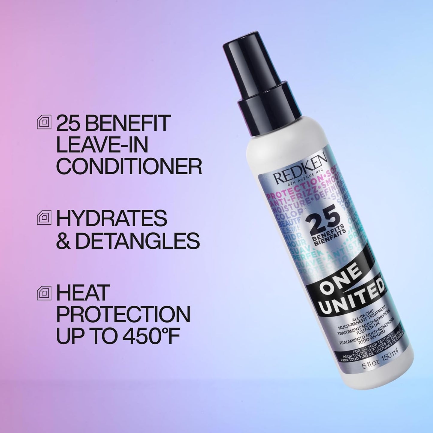 Redken One United Leave-In Conditioner - Multi-Benefit Treatment for All Hair Types | Heat Protectant & Detangler Spray