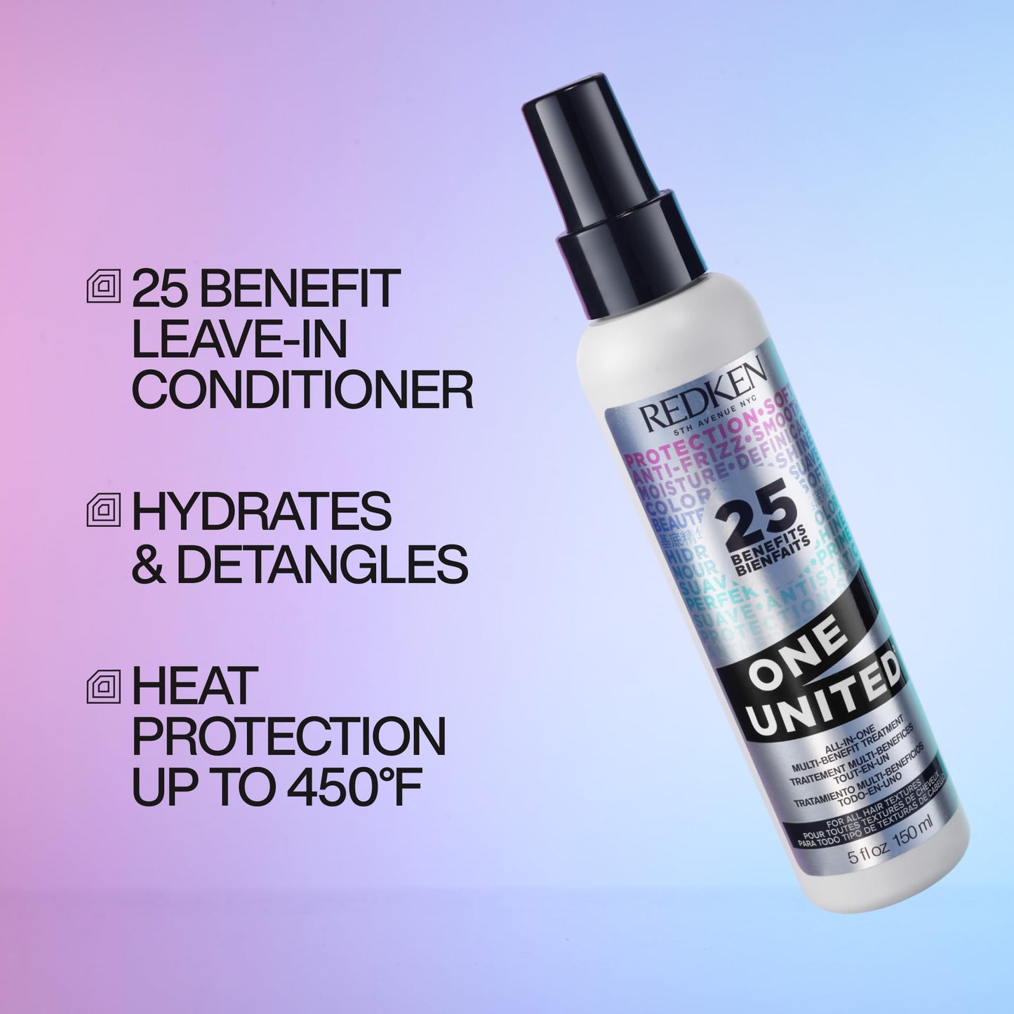 Redken One United Leave In Conditioner Spray - Multi-Benefit Leave In Treatment For All Hair Types, Heat Protectant & Detangler Spray, Paraben Free