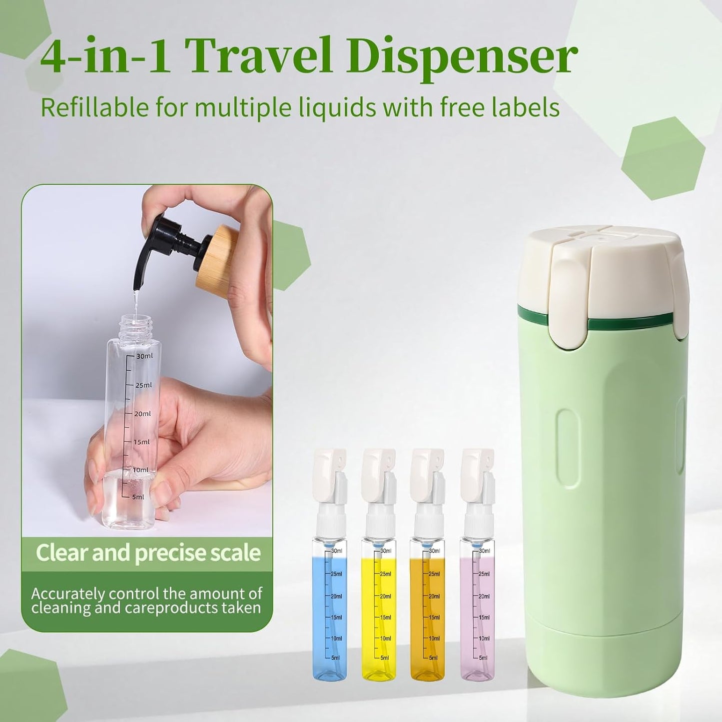 Travel Dispenser Set - 4 in 1 Leak Proof Refillable Bottles for Shampoo, Conditioner, Lotion | Portable Toiletry Containers (Green)