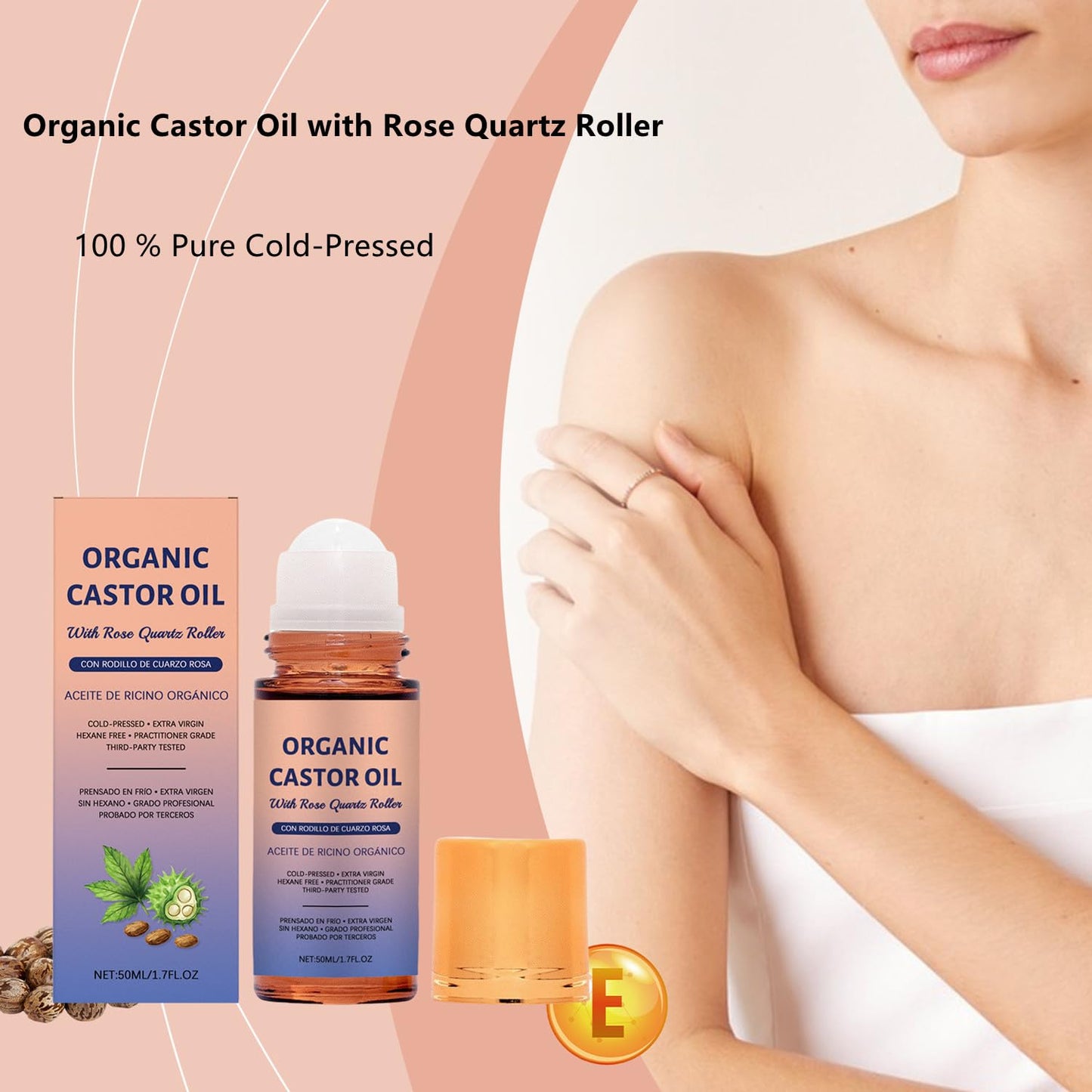 Organic Castor Oil Roll-On with Rose Quartz - 100% Pure Cold-Pressed for Hair Growth, Eyelashes & Skin | 50ml
