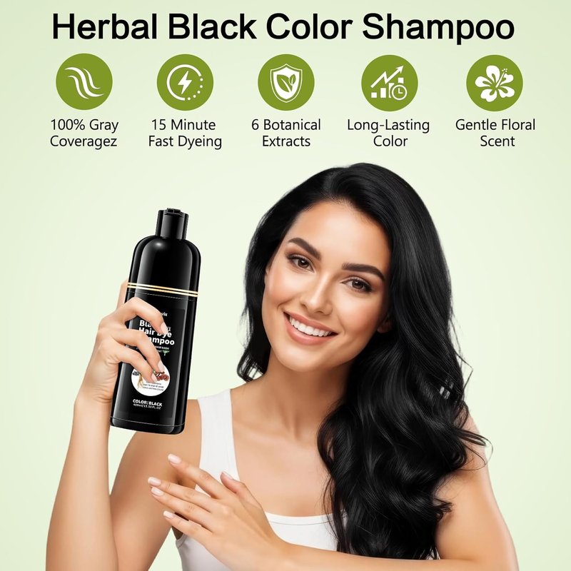 Black Hair Dye Shampoo - 100% Gray Coverage | Natural Herbal Formula, Nourishing & Ammonia-Free