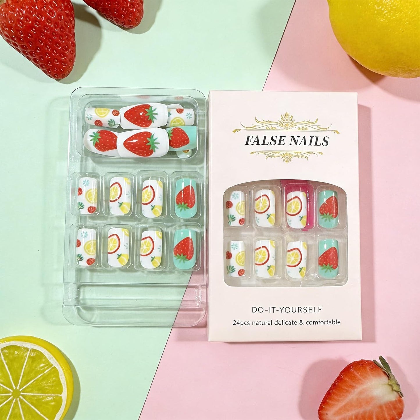 Press On Nails - Medium Square Strawberry Lemon Design | Glossy Acrylic Full Cover, 24 Pcs Reusable