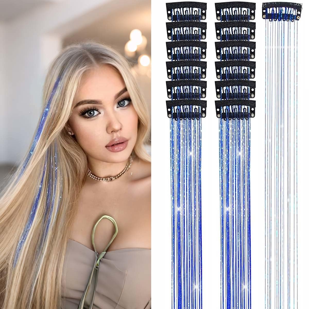 Hair Tinsel Clip in Tinsel Hair Extensions, 6Pcs 21.22In Fairy Glitter Hair Tinsel for Women Sparkle Heat Resistant Festival Hair Accessories for Halloween, Christmas, New Year, Party, Cosplay