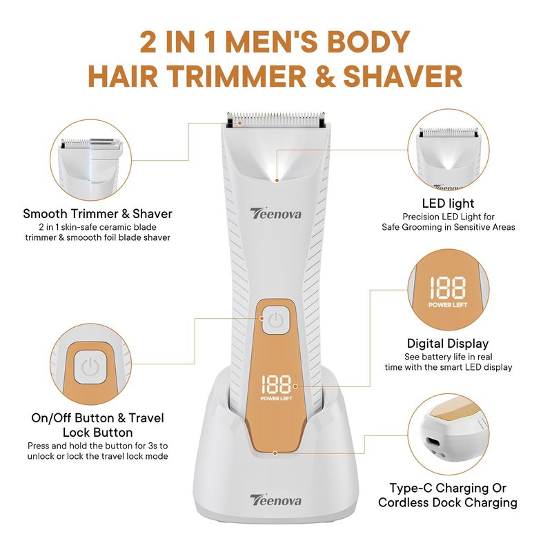 TEENOVA Pubic & Body Hair Trimmer for Men, 2 In 1 Electric Ball Groin Razor Shaver with Ceramic Blade, No Nick Mens Grooming Kit for Wet/Dry Use, Cordless Charging Body Groomer with Led Display, White