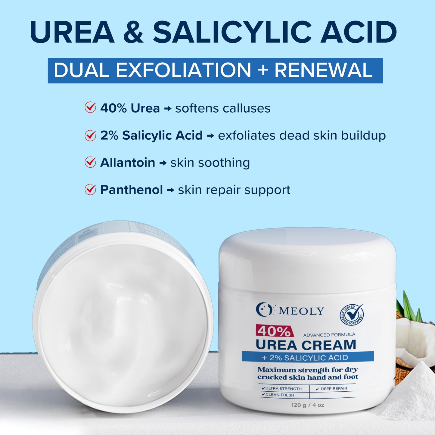 MEOLY 40% Urea Cream for Foot with 2% Salicylic Acid for Dry Cracked Skin Hand and Foot, Maximum Strength, 4 oz