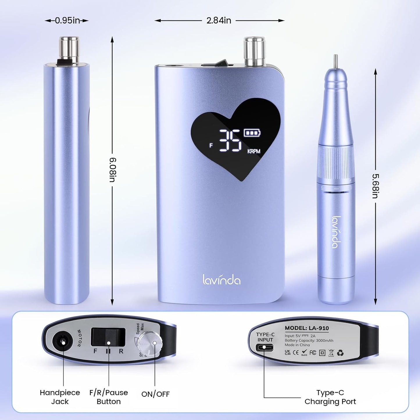 Electric Nail Drill Machine - 35000RPM Cordless Rechargeable Efile for Acrylic Gel Nails | Purple 910