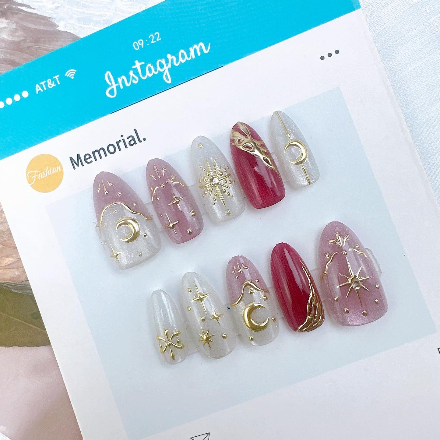 Almond Press-On Nails - Medium Length Pink French Tip with Gold Stars & Moon | 30 Pcs Full Cover Acrylic Nail Set for Women