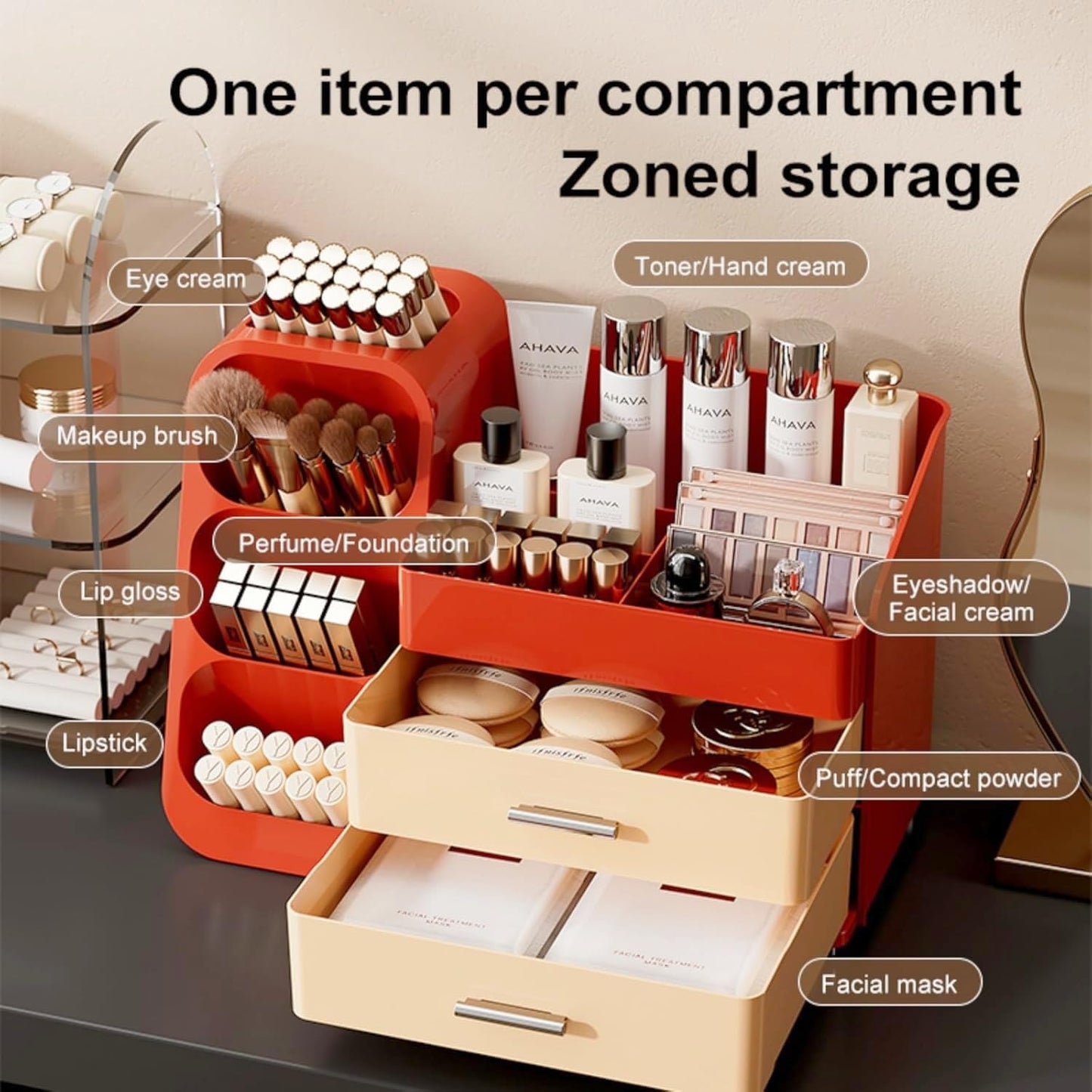 KQJS Makeup Organizer with Drawers,Large Capacity Countertop Organizer for Vanity,Bathroom and Bedroom Desk Cosmetics Organizer,Easy To Storage Skincare,Brushes,Lotions (Red and Cream)