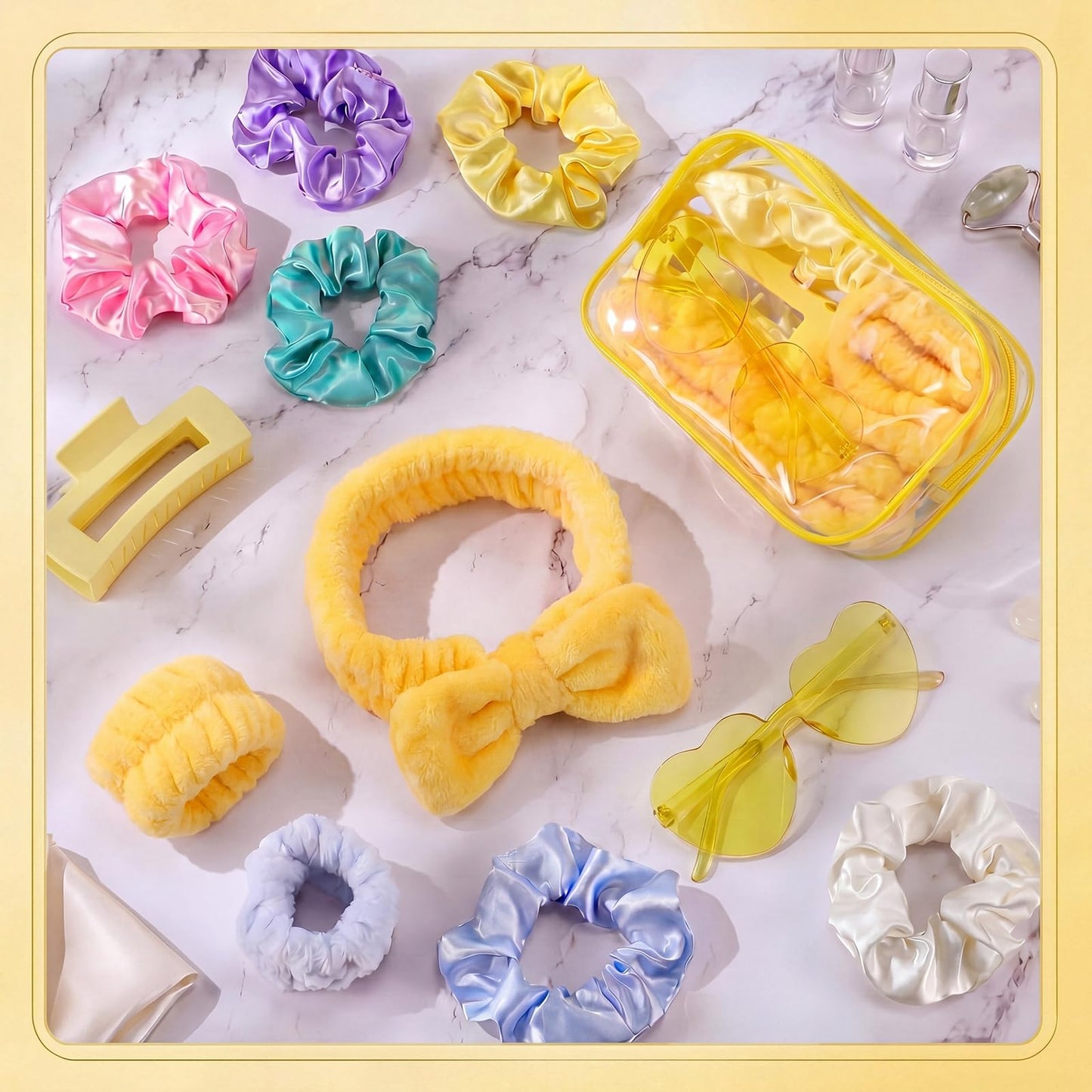 Rivvlive 6 Set 42 Pcs Spa Sleepover Party Favor Slumber Party Supplies Gift Preppy Headband Wristband Heart Sunglass Hair Clip Scrunchie Makeup Bag for Bridal Bachelorette Women Birthday (Pastel)