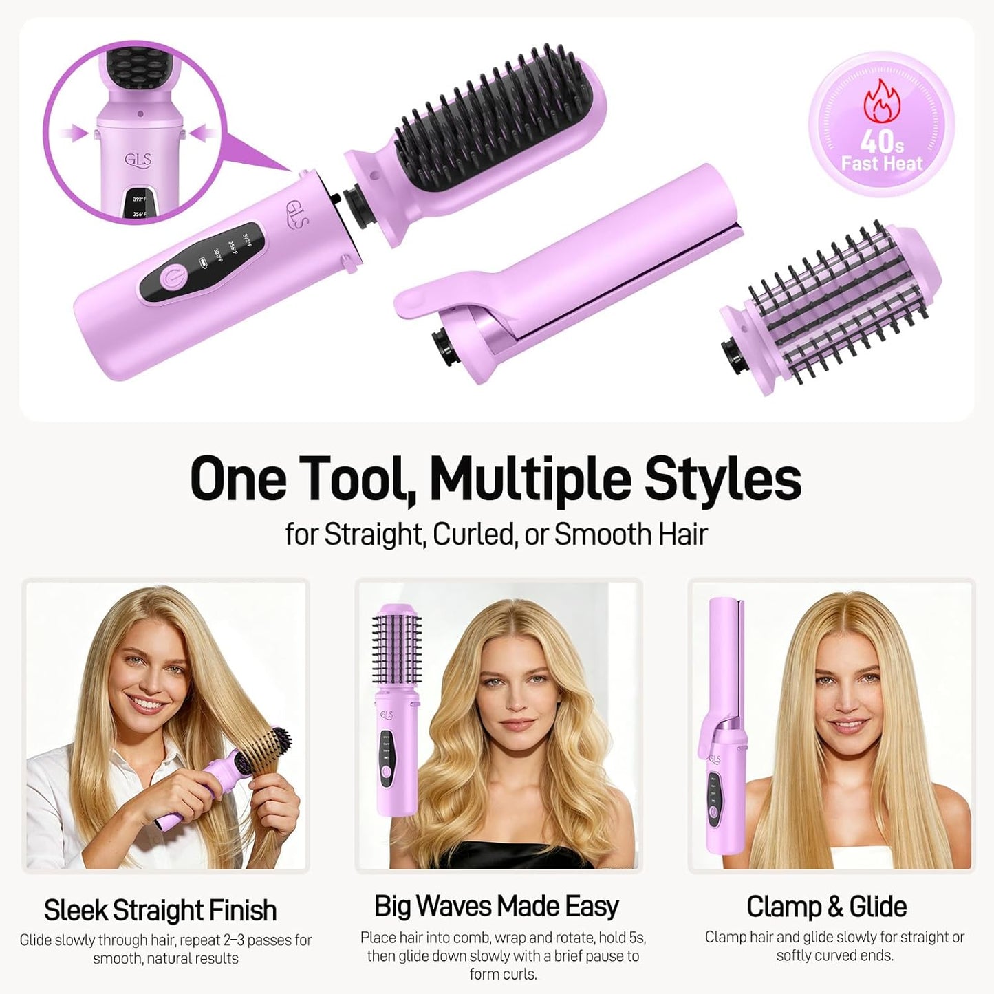 Cordless Hair Straightener Brush - 3-in-1 Portable USB Rechargeable Styler for Travel | Fast Heat, Purple